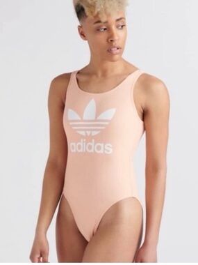 Adidas Trefoil Coral One-Piece Swimsuit White Logo Sporty Fit Beach